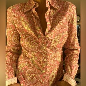 Hot pink paisley, button-down, professional, long sleeve blouse, size 10